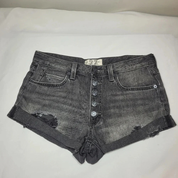 We the Free Free People Black Distressed Button Fly Shorts sz 27 - Picture 1 of 9